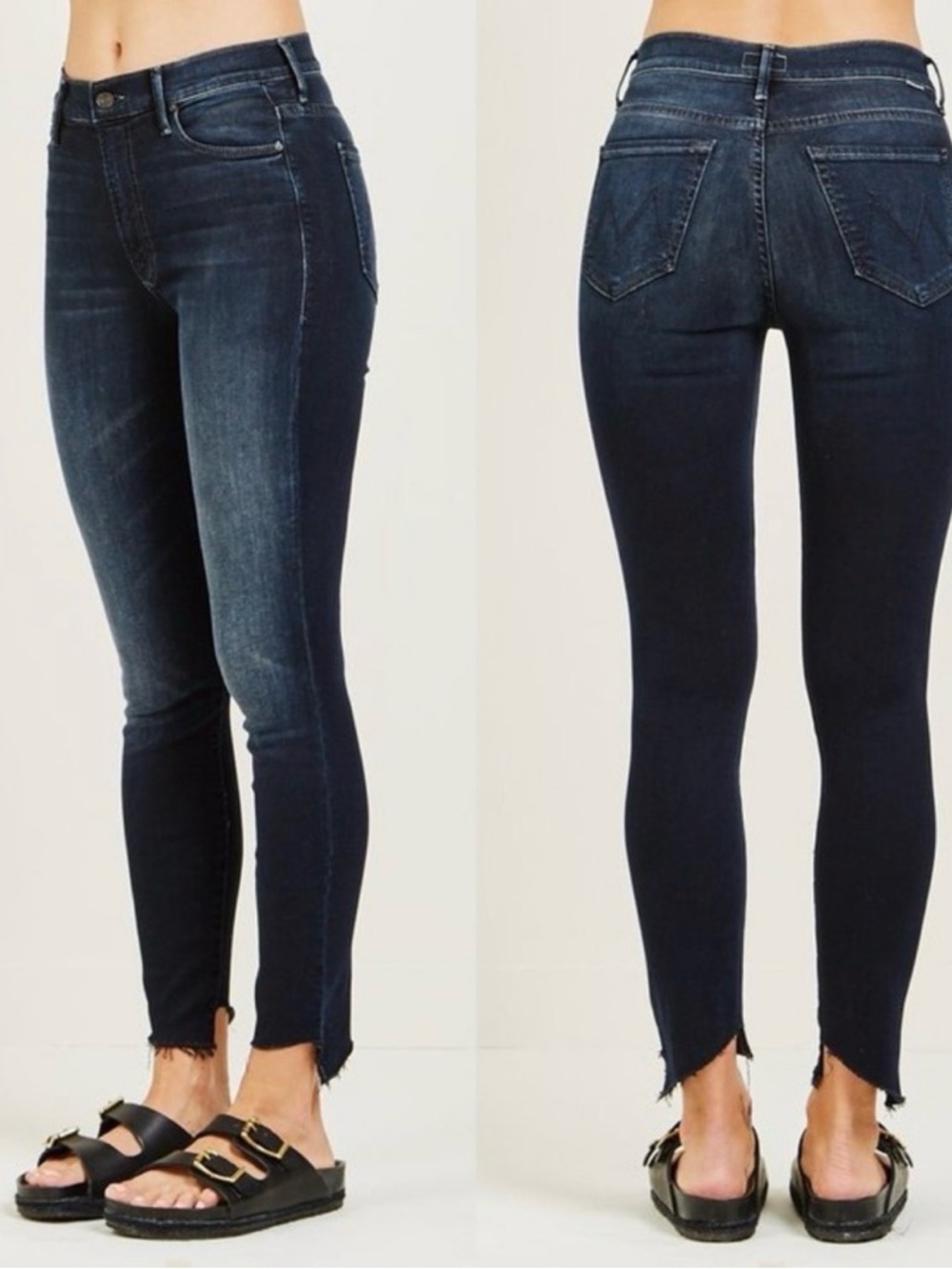 MOTHER The Stunner Zip Two Step Fray Jeans- Blue High-Rise Cropped Skinny